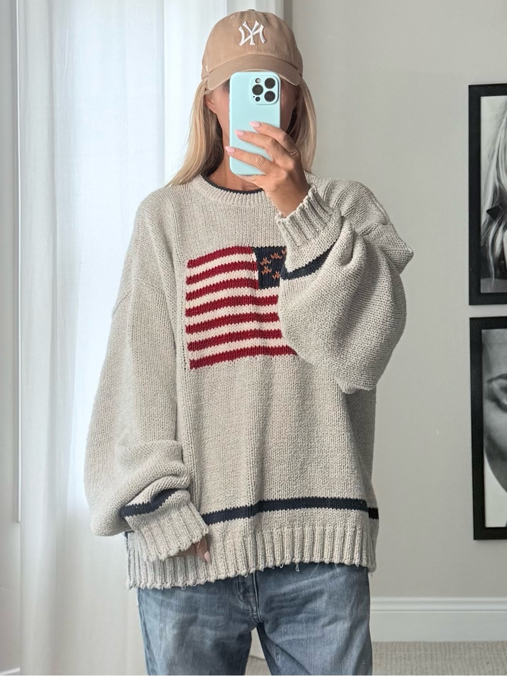 Vintage liberty light gray Crewneck oversized Sweater with Red Flag Motif